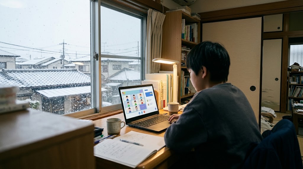 長岡市の自宅から、不登校の中学生がオンラインのメタバース校舎の授業に参加している冬の場面（イメージ）