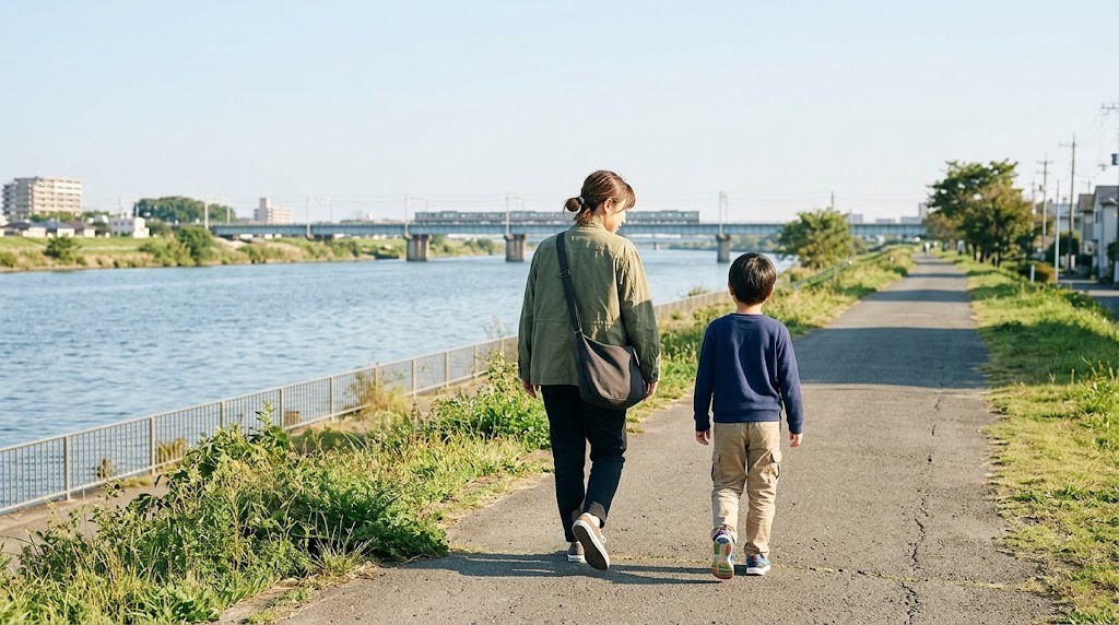 長岡市でフリースクールの見学に向かう親子が、川沿いの道を並んで歩いている場面（イメージ）