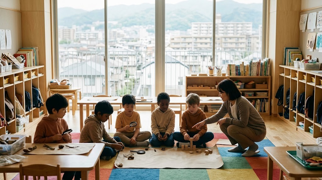 名古屋市のインターナショナルスクールをイメージした教室で、小学生がグループで探究の学びをしている場面（イメージ）