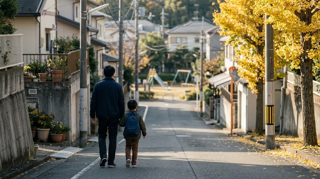 名古屋市東部の住宅街を、インターナショナルスクールの見学に向かう親子が歩いている場面（イメージ）
