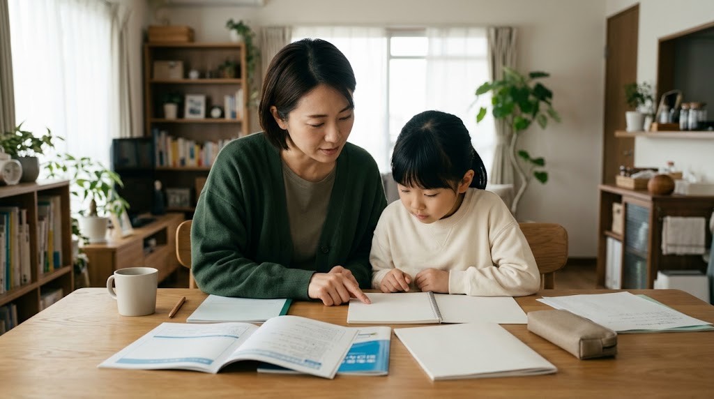 名古屋市で私立小学校の学費や転入編入を調べる親子が、自宅で資料を見比べている場面（イメージ）