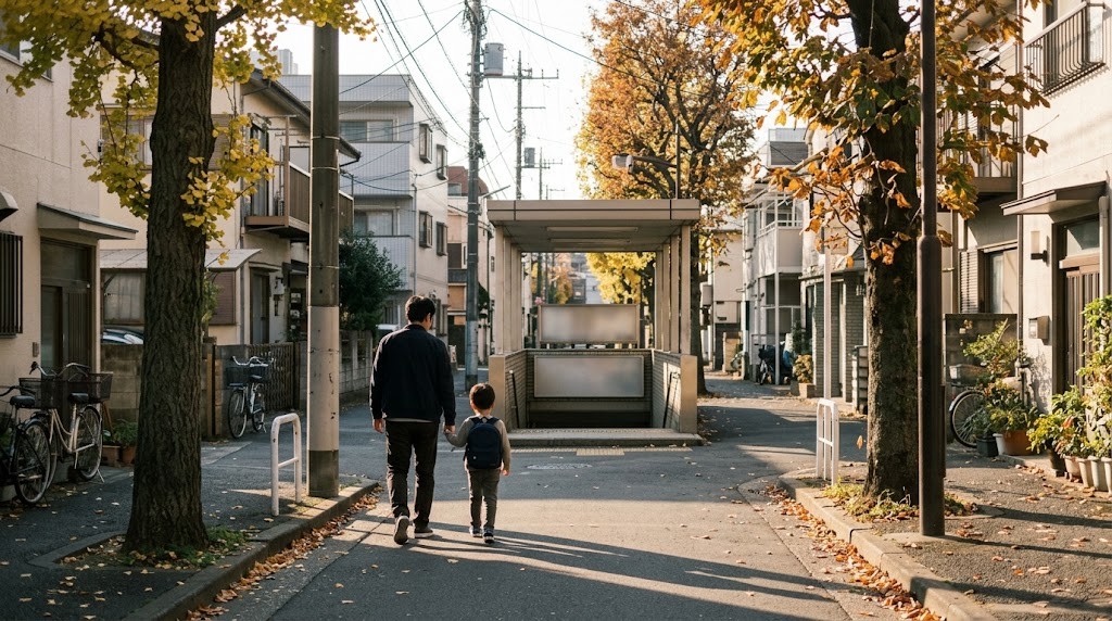 名古屋市の私立小学校への通学経路を確かめるため、駅へ向かって歩く親子の後ろ姿（イメージ）