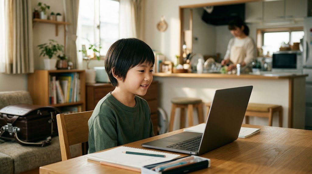名古屋市で学校が合わない小学生が、自宅からオンラインのオルタナティブスクールの授業に参加している場面（イメージ）