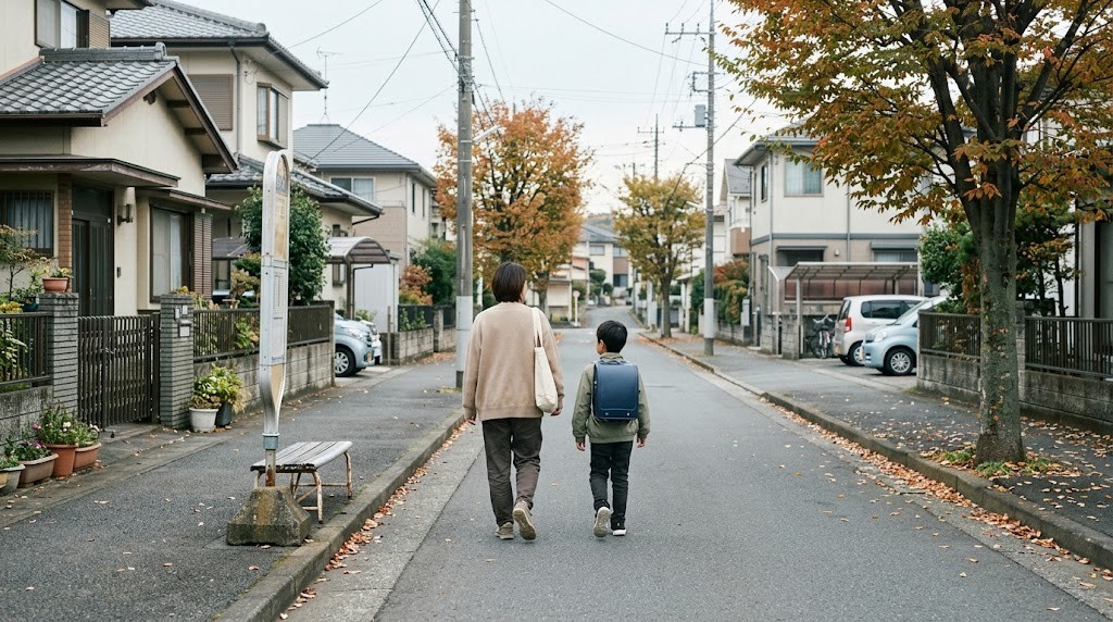 新座市の住宅街を歩いてフリースクールの見学に向かう不登校の小学生と保護者（イメージ）