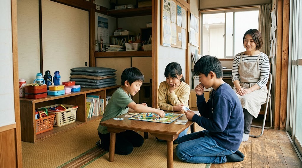 新座市周辺のフリースクール・居場所で、異年齢の子どもたちがボードゲームをして過ごす場面（イメージ）
