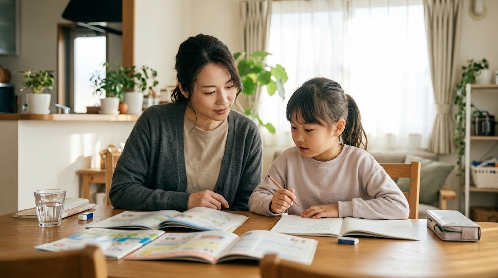 西宮市で私立小学校の資料を親子で見比べている場面（イメージ）