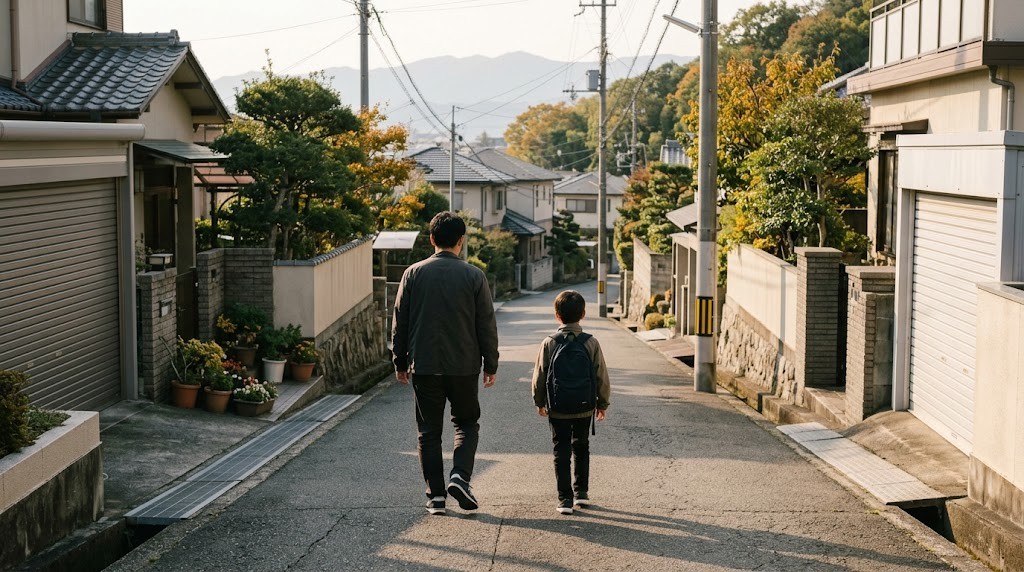 西宮市の住宅街を歩きながら学校の環境を変えることを話す親子（イメージ）