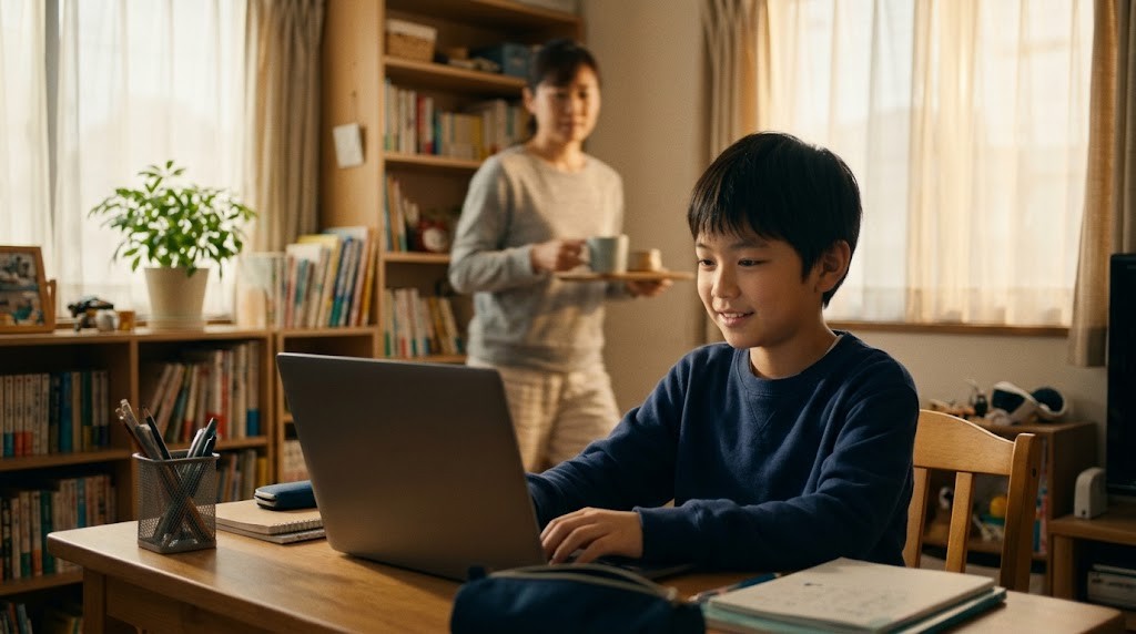 西宮市の自宅からオンラインのオルタナティブスクールに参加する不登校の小学生（イメージ）