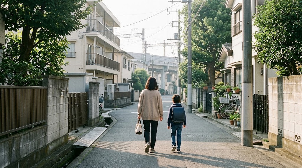西東京市の田無・ひばりヶ丘周辺の住宅街を、不登校の小学生と保護者がフリースクールの見学に向かって歩く場面（イメージ）