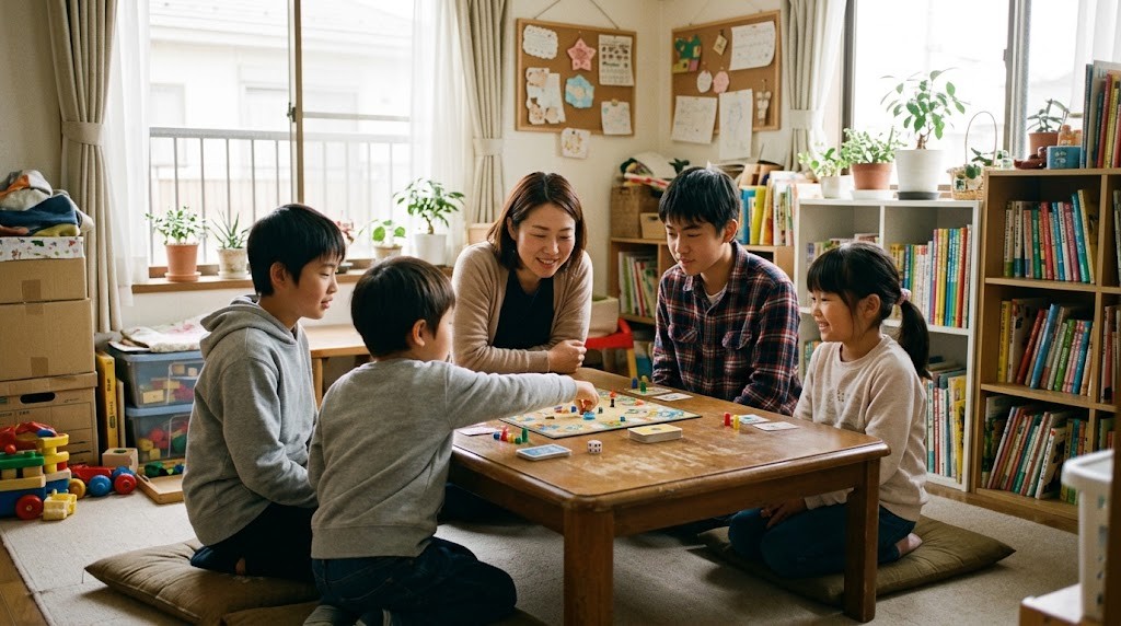 西東京市のフリースクールで、学年の違う子どもたちがスタッフとボードゲームを囲んで過ごす場面（イメージ）
