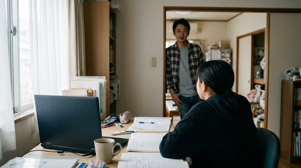 西東京市の自宅から、不登校の中学生がオンラインのフリースクールの授業に参加している場面（イメージ）