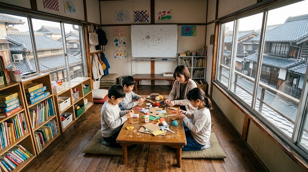 小田原市のフリースクール・居場所で、不登校の小中学生がスタッフと一緒にものづくりをしている場面（イメージ）