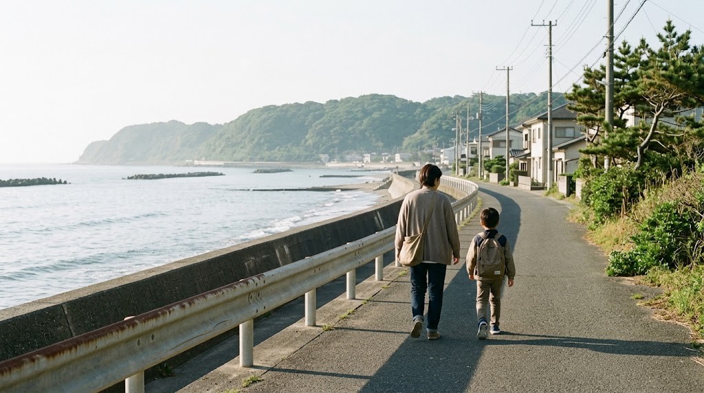 小田原市の海の見える道を、不登校の小学生と保護者がフリースクールの見学に向かって歩いている場面（イメージ）