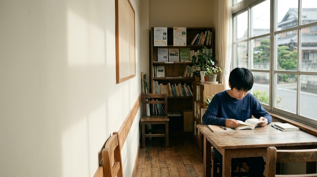 大垣市のフリースクールのような落ち着いた学びの部屋で、窓辺で本を読む中学生（イメージ）
