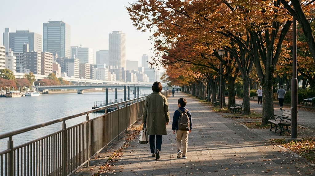 大阪市で私立小学校への転入を考えながら川沿いの道を歩く小学生と保護者（イメージ）