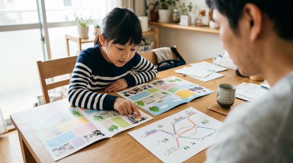 大阪市の私立小学校の資料と通学経路を自宅で見比べる保護者と小学生（イメージ）