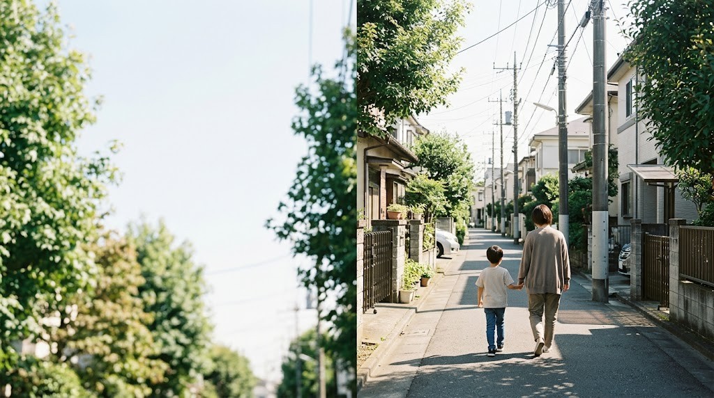 大田区の住宅街を駅へ歩く親子と、私立小学校への通学を考える場面（イメージ）
