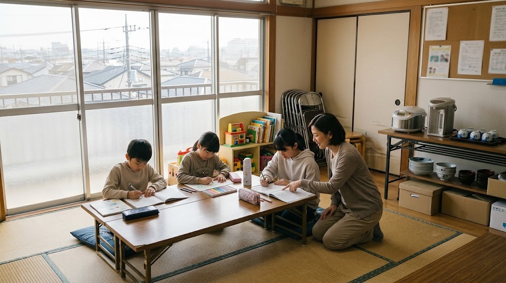 太田市のフリースクールで、ふれあいセンターの一室に集まり、それぞれのペースで学習やお絵かきをする不登校の小中学生とスタッフ（イメージ）