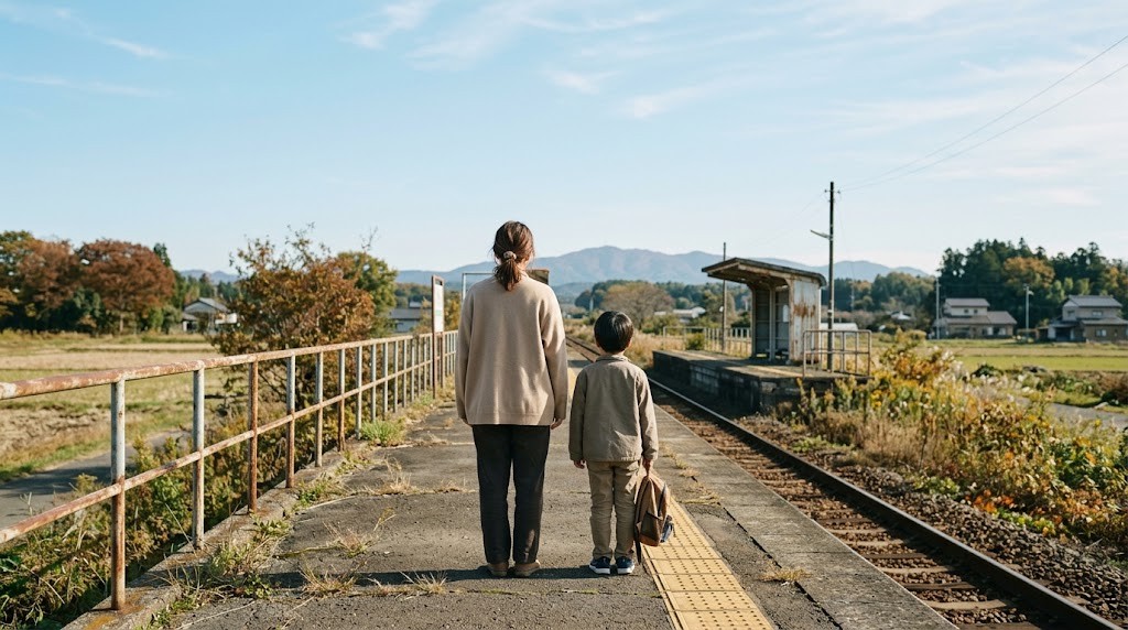 太田市から周辺のフリースクールへ見学に向かう途中、ローカル線のホームで山並みを眺める保護者と小学生（イメージ）