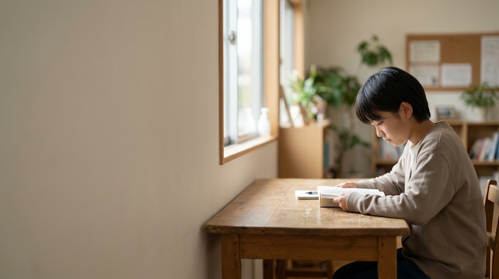 小山市のフリースクールで中学生がスタッフと一緒に学習している場面（イメージ）