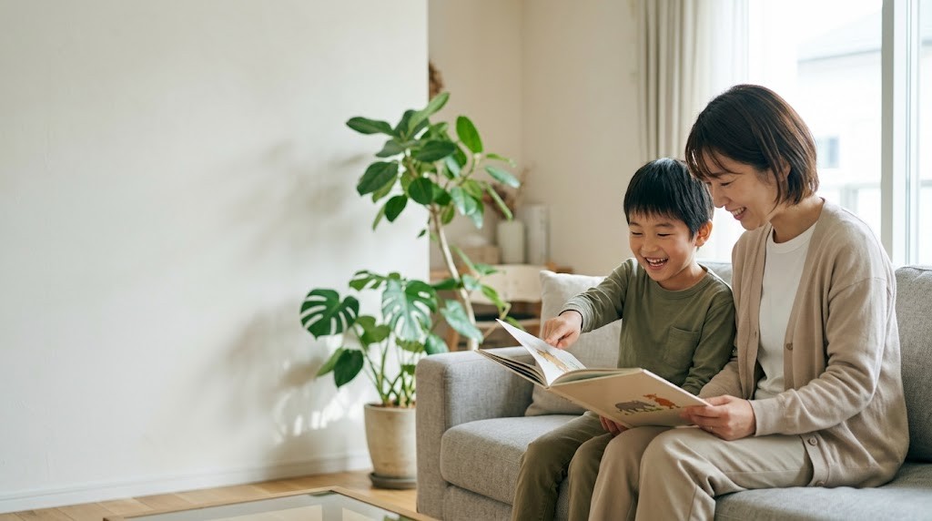さいたま市の自宅で、母と子が絵本を一緒に読む場面（イメージ）