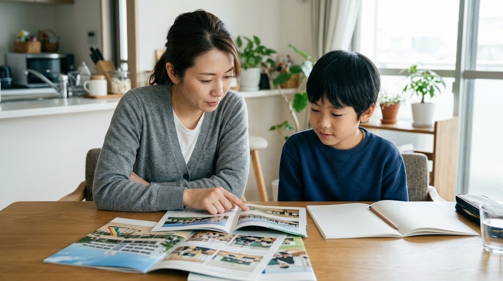 さいたま市で私立小学校の資料を親子で見比べ、学費や転入編入を確かめている場面（イメージ）