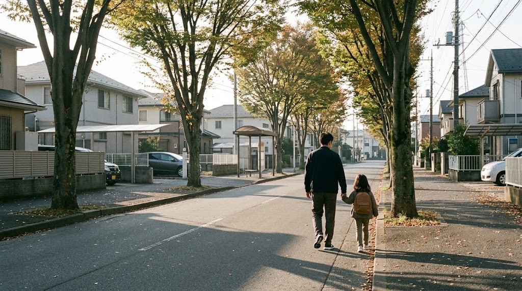 さいたま市の住宅街を駅のバス乗り場へ向かって歩く親子。私立小学校への通学経路を確かめている場面（イメージ）