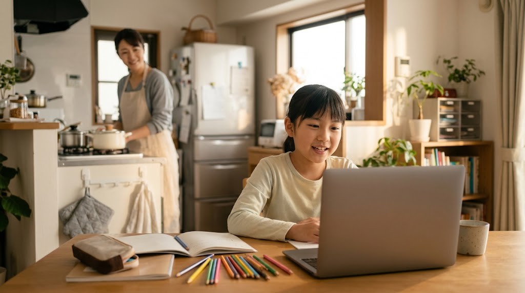 さいたま市の自宅からオンラインの授業に参加する小学生。学校が合わないときの学び場のひとつ、フリースクール・オルタナティブスクールの場面（イメージ）