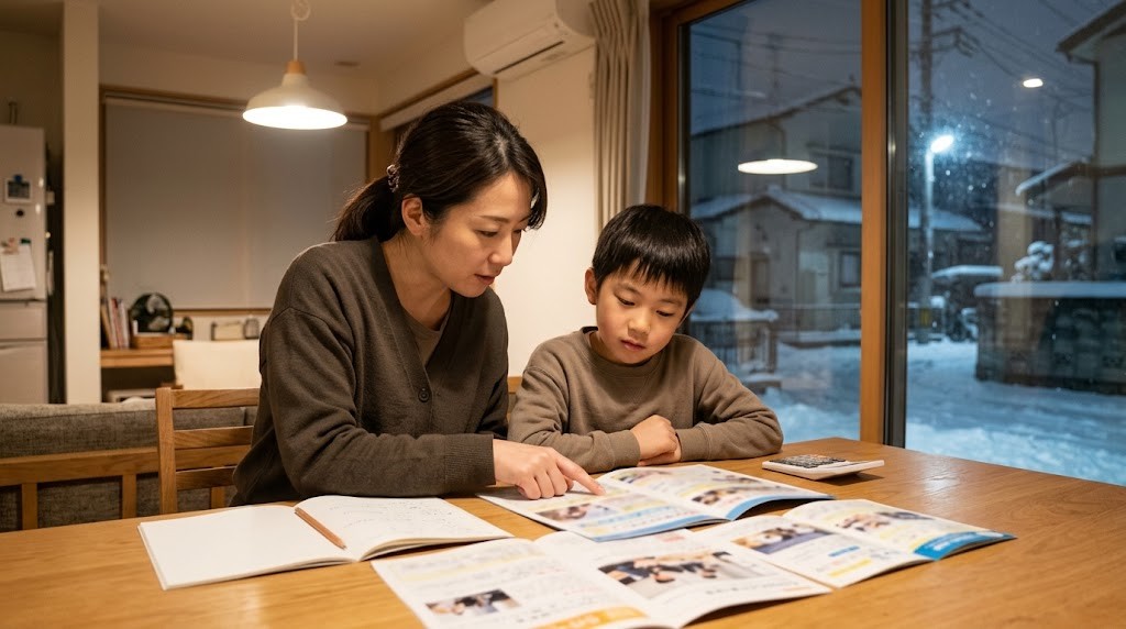 札幌市でインターナショナルスクールの学費や学校選びについて、資料を見ながら話し合う親子（イメージ）