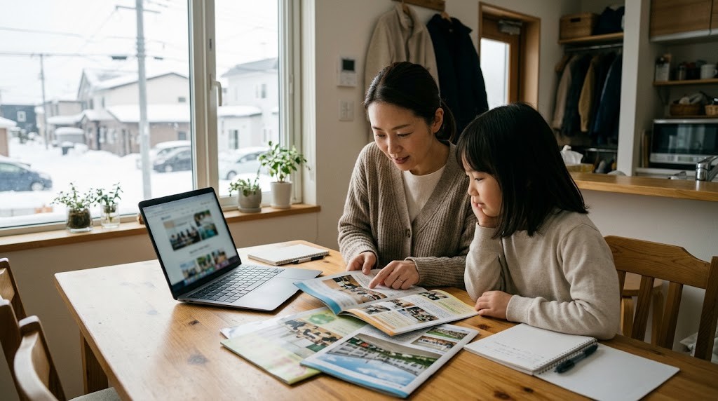 札幌市で私立小学校の学費や転入編入を調べ、学校案内を一緒に見る親子（イメージ）