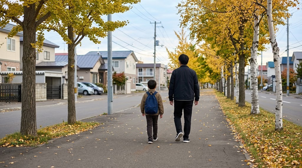札幌市の住宅街を歩きながら、小学校の通学路や環境を変える選択肢について話す親子（イメージ）