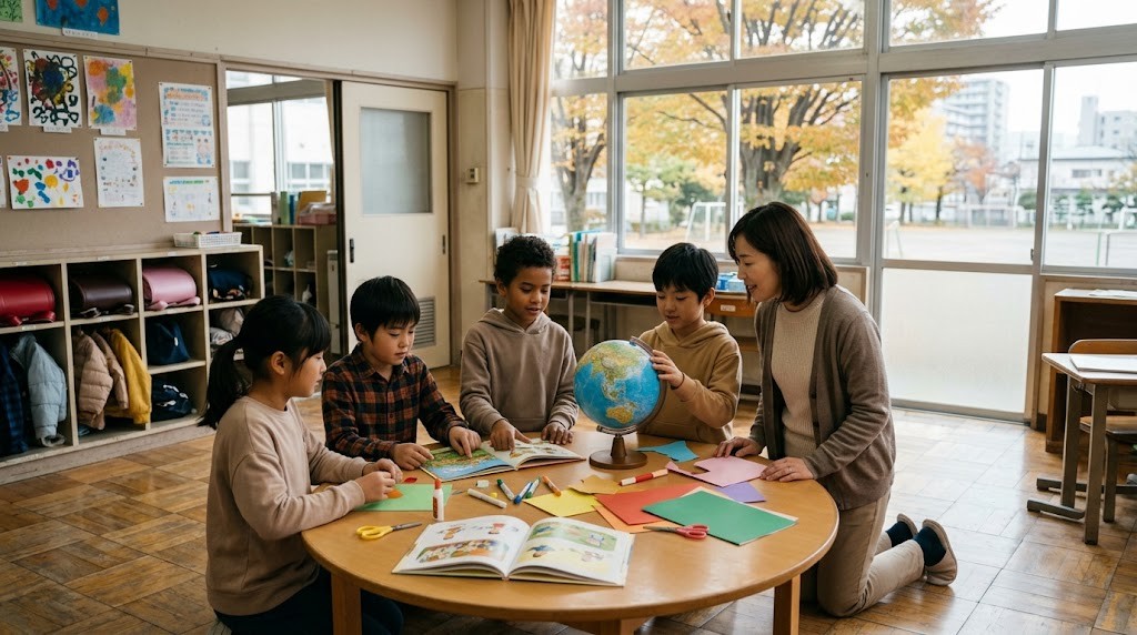 仙台市のインターナショナルスクールを検討する家庭向けに、小学生がグループで探究学習に取り組む教室の場面（イメージ）