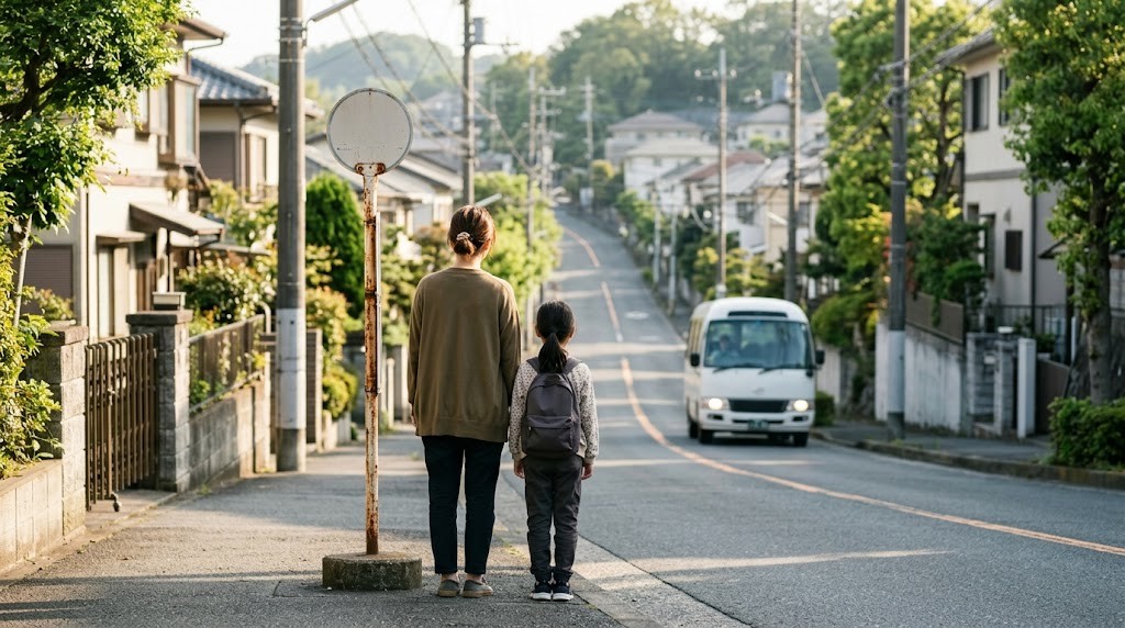 仙台市のインターナショナルスクールへスクールバスで通う小学生と、バス停で見送る保護者の場面（イメージ）