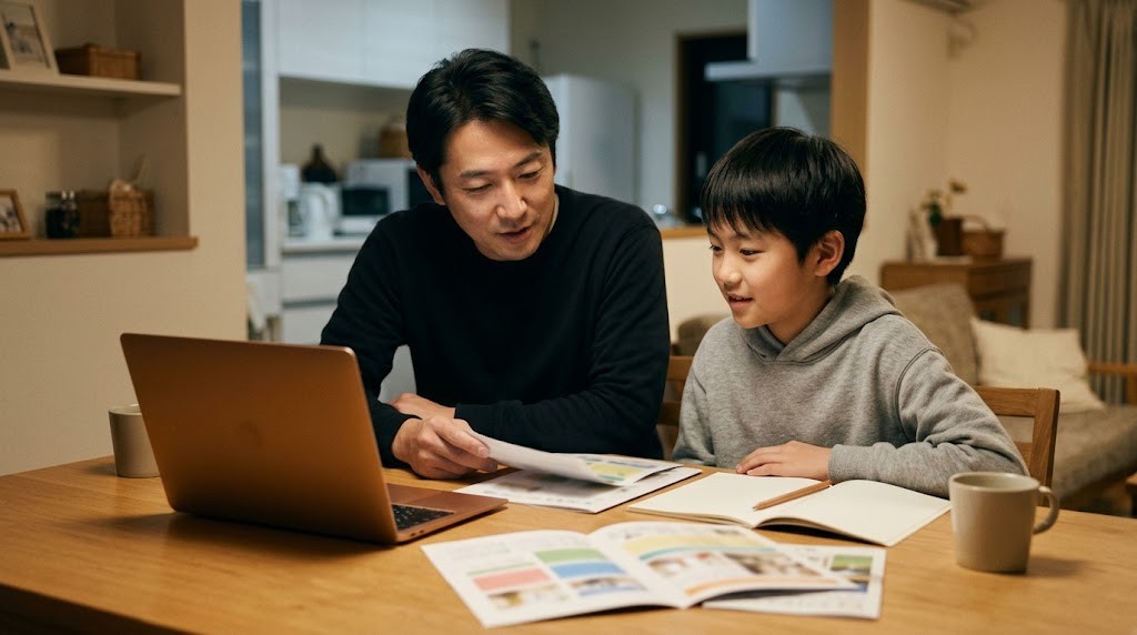 仙台市でインターナショナルスクールやオルタナティブスクールなど学校選びを親子で比べている場面（イメージ）
