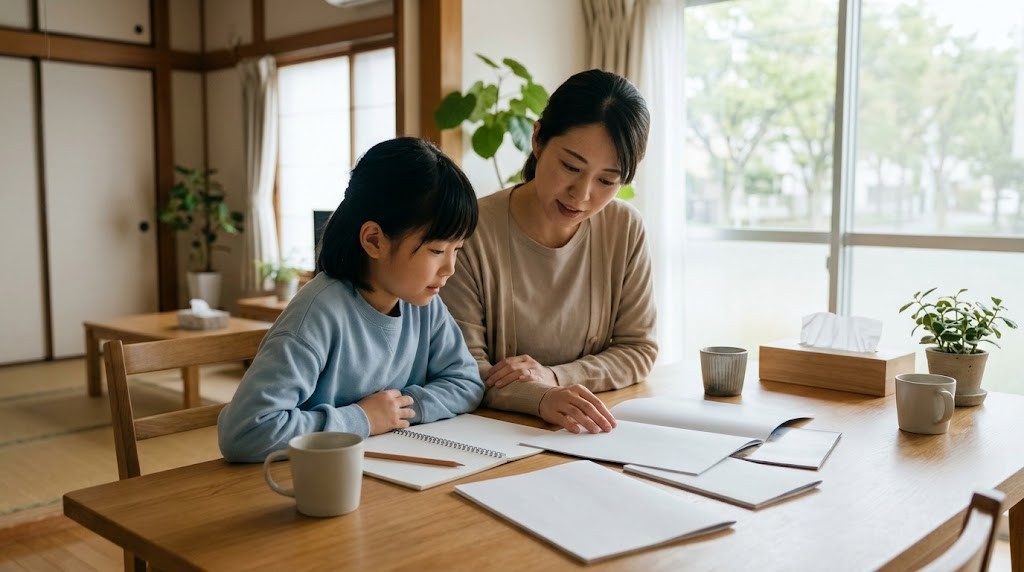 仙台市の私立小学校の学費や転入編入を、資料を見ながら親子で調べている場面（イメージ）
