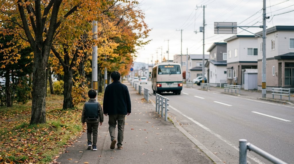 仙台市で私立小学校への通学を考え、並木道を親子で歩いている場面（イメージ）