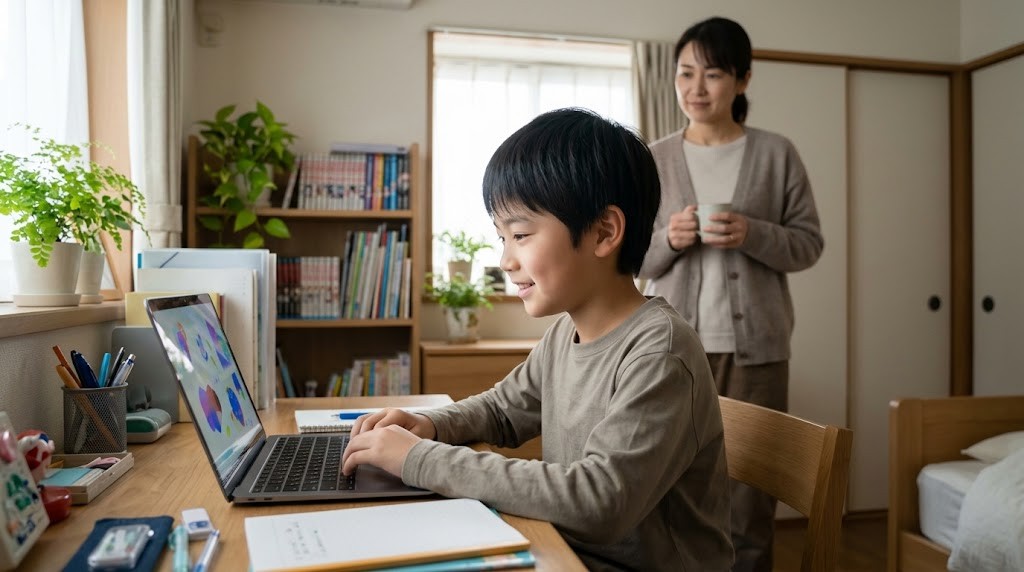 仙台市の小学生が、私立小学校以外の選択肢として自宅からオンラインの学びに参加している場面（イメージ）