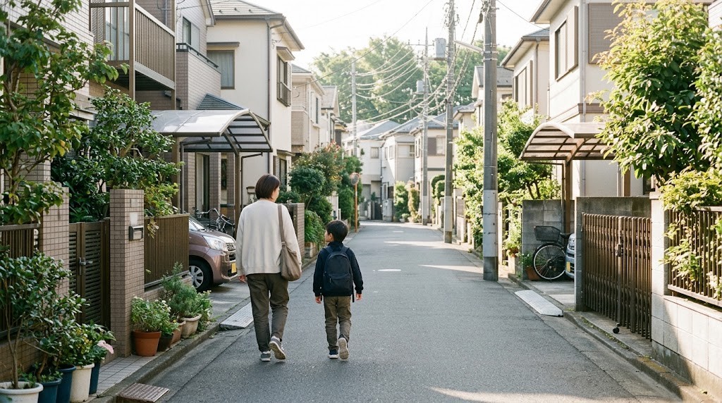 世田谷区の住宅街を駅へ向かって歩く親子。インターナショナルスクールの通学を考える場面（イメージ）