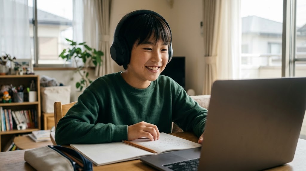 自宅からオンラインのオルタナティブスクールの授業に参加する小学生（イメージ）