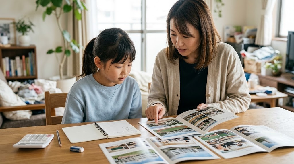 渋谷区のインターナショナルスクールの学費を資料と電卓で比べる親子（イメージ）