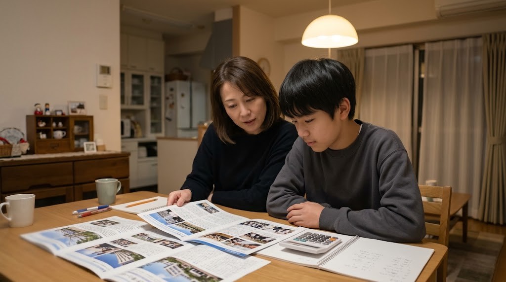 品川区でインターナショナルスクールの学費を比べる親子。学校の資料と電卓を前に話し合っている場面（イメージ）