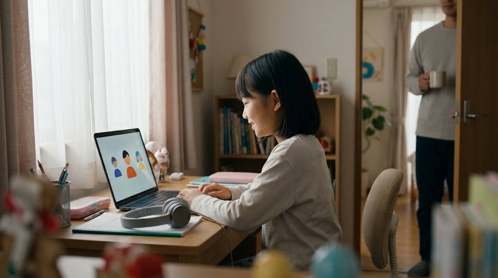 品川区の自宅からオンラインのオルタナティブスクールに参加する小学生。パソコンの前で授業を受けている場面（イメージ）