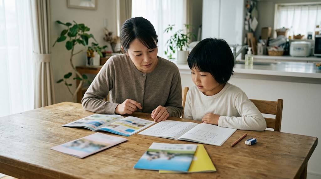 私立小学校の選び方を考え、自宅のテーブルで学校の資料とノートの比較表を一緒に見る保護者と小学生（イメージ）