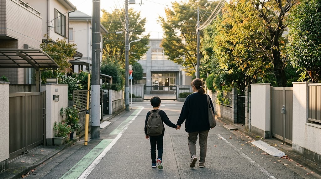 私立小学校の見学・説明会に向かい、通学路を歩いて通学時間を確かめる保護者と小学生の後ろ姿（イメージ）