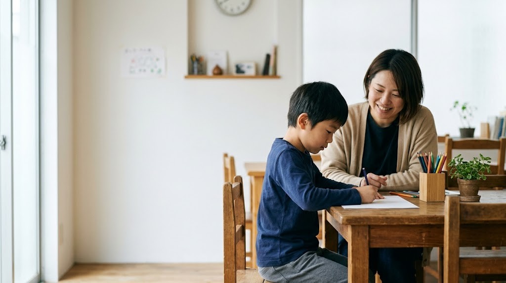 フリースクールでスタッフと絵を描く不登校の小学生（草加市の記事・イメージ）