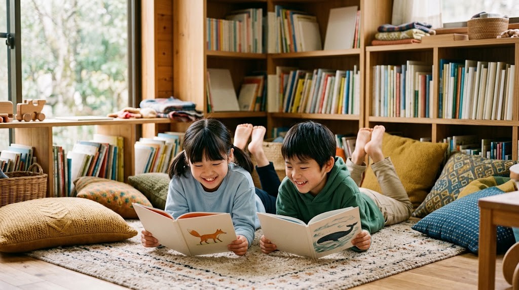 フリースクールの読書コーナーでくつろぐ子どもたち（草加市の記事・イメージ）