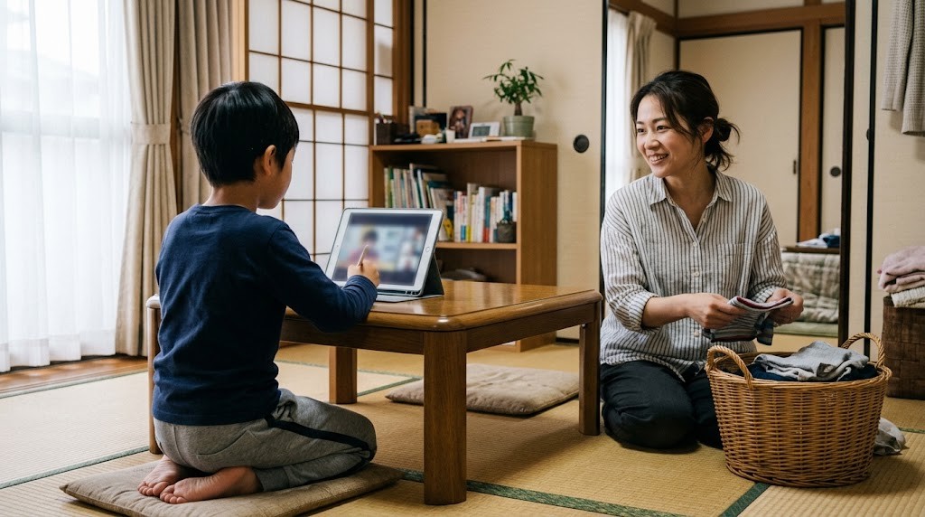 自宅でオンライン授業を受ける不登校の小学生と母親（草加市の記事・イメージ）