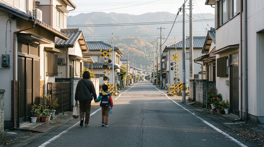 鈴鹿市でフリースクールの見学へ向かう不登校の小学生と保護者が、朝の住宅地を並んで歩いている場面（イメージ）