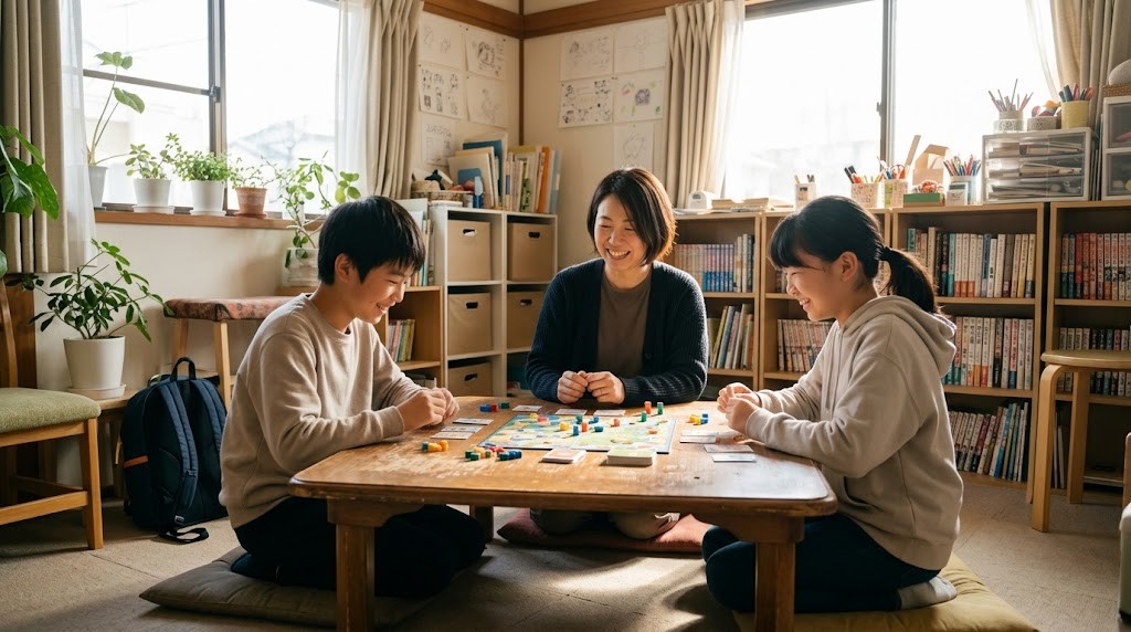 鈴鹿市周辺のフリースクールで、不登校の中学生とスタッフが机を囲んでボードゲームをしている場面（イメージ）