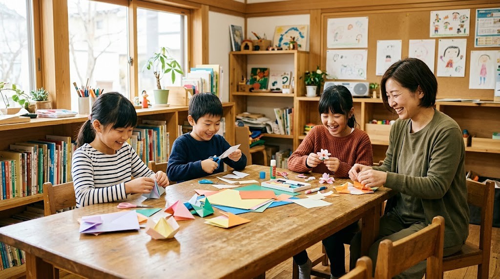 フリースクールで工作を楽しむ不登校の小学生たちとスタッフ（立川市の記事・イメージ）